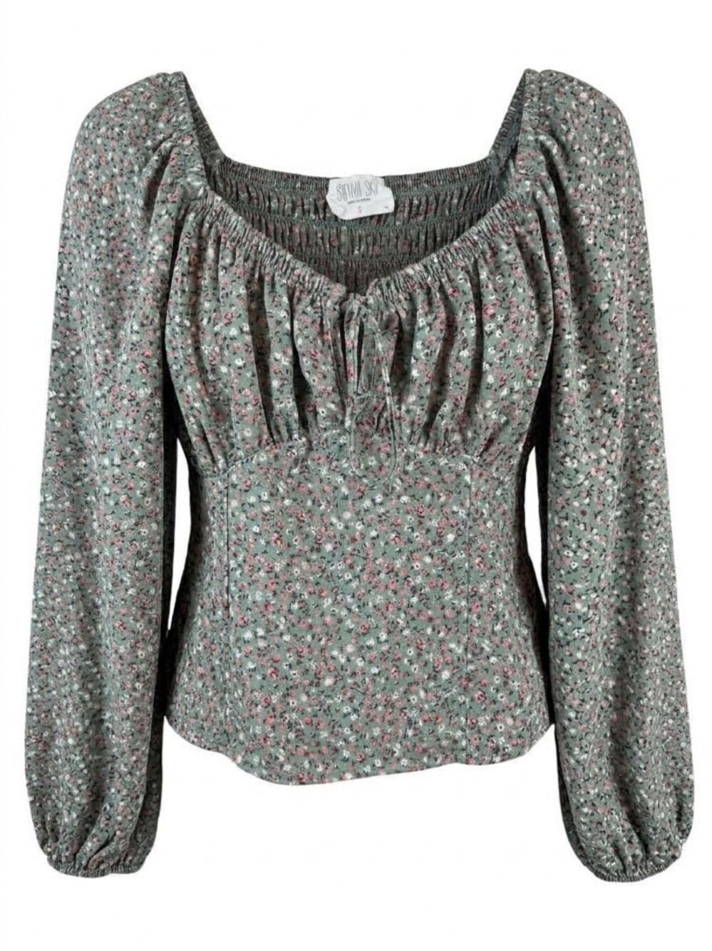 SIENNA SKY Sage Floral Smocked Milkmaid Crop Top Y2K Small Long Sleeve Peasant